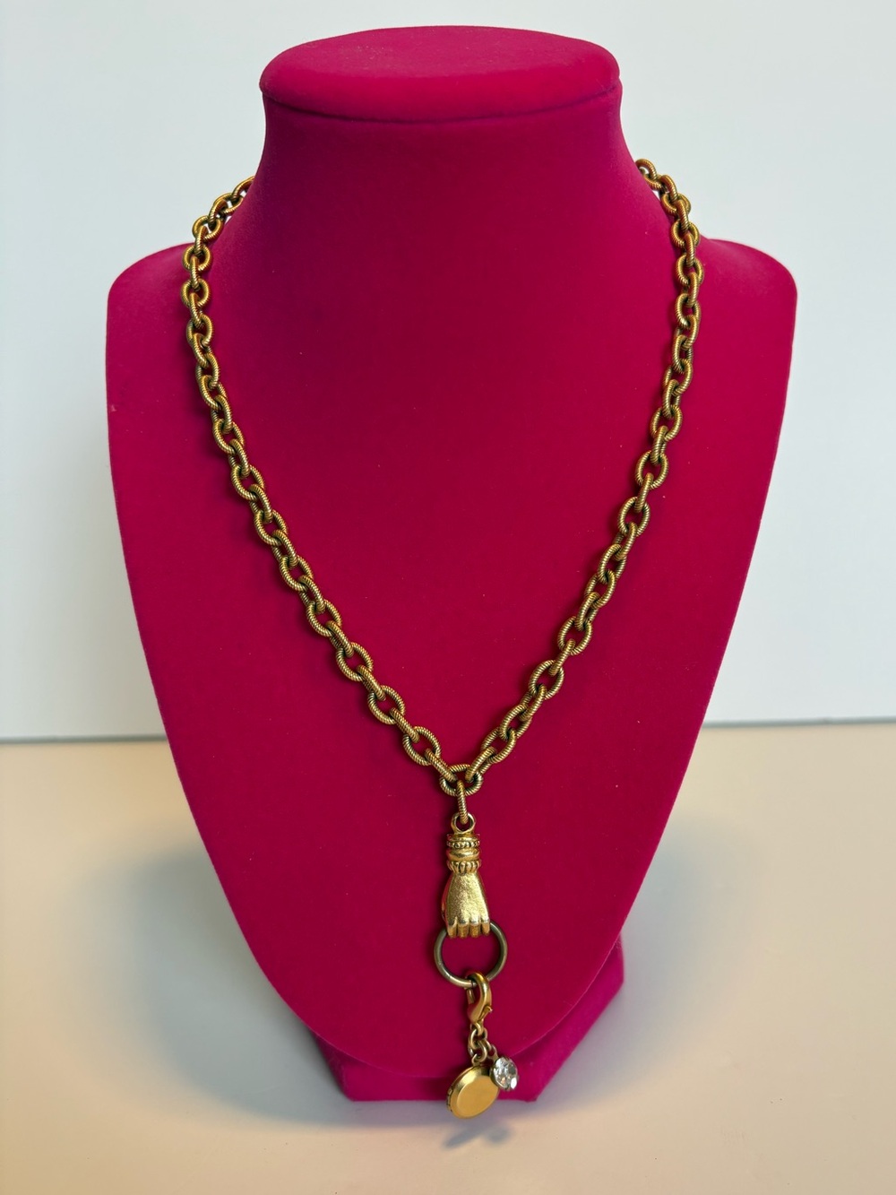 John Wind Maximal Art Gold Tone Hand Locket Necklace Rhinestone Charm